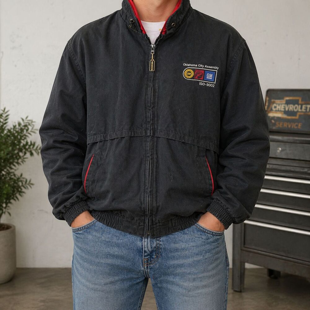 vintage GM General Motors Black Work Jacket Oklahoma City Assembly Mens L